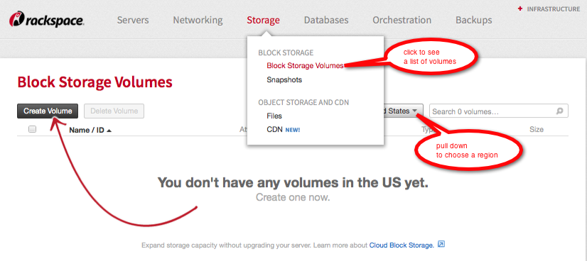 If you have no Cloud Block Storage volumes, the Cloud Control Panel shows you how to create one.